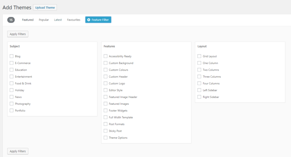 SiteBites blog about WordPress 4.9 - showing the new Theme filters
