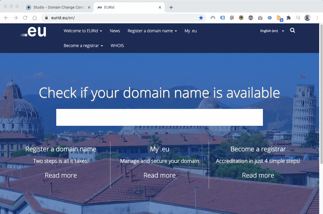 Animated Gif showing the how to use the EU Domain WHOIS lookup to find your EU domain registrar. Instructions also detailed below.