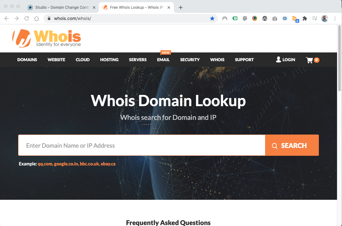 Animated Gif showing the how to use the Domain WHOIS lookup to find your international domain registrar. Instructions also detailed below.