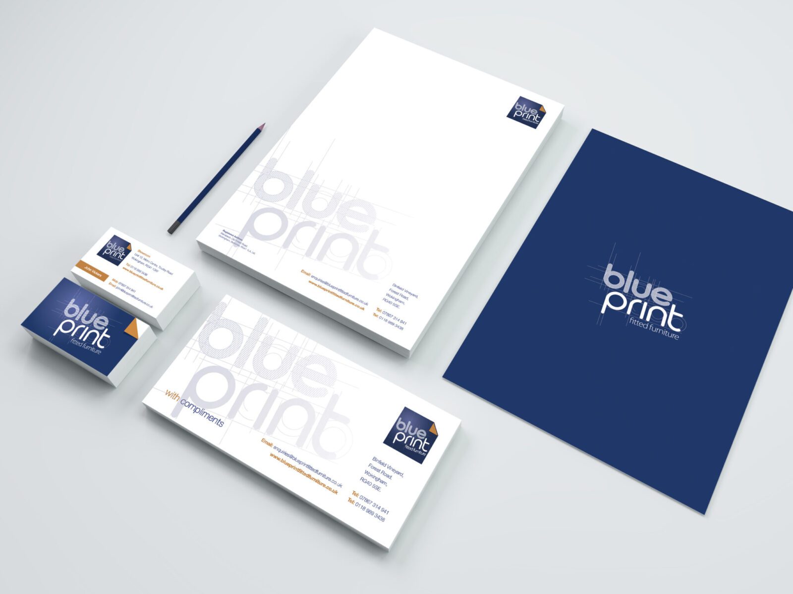 Mock-up of Blue Print Furniture's brand and stationery design.