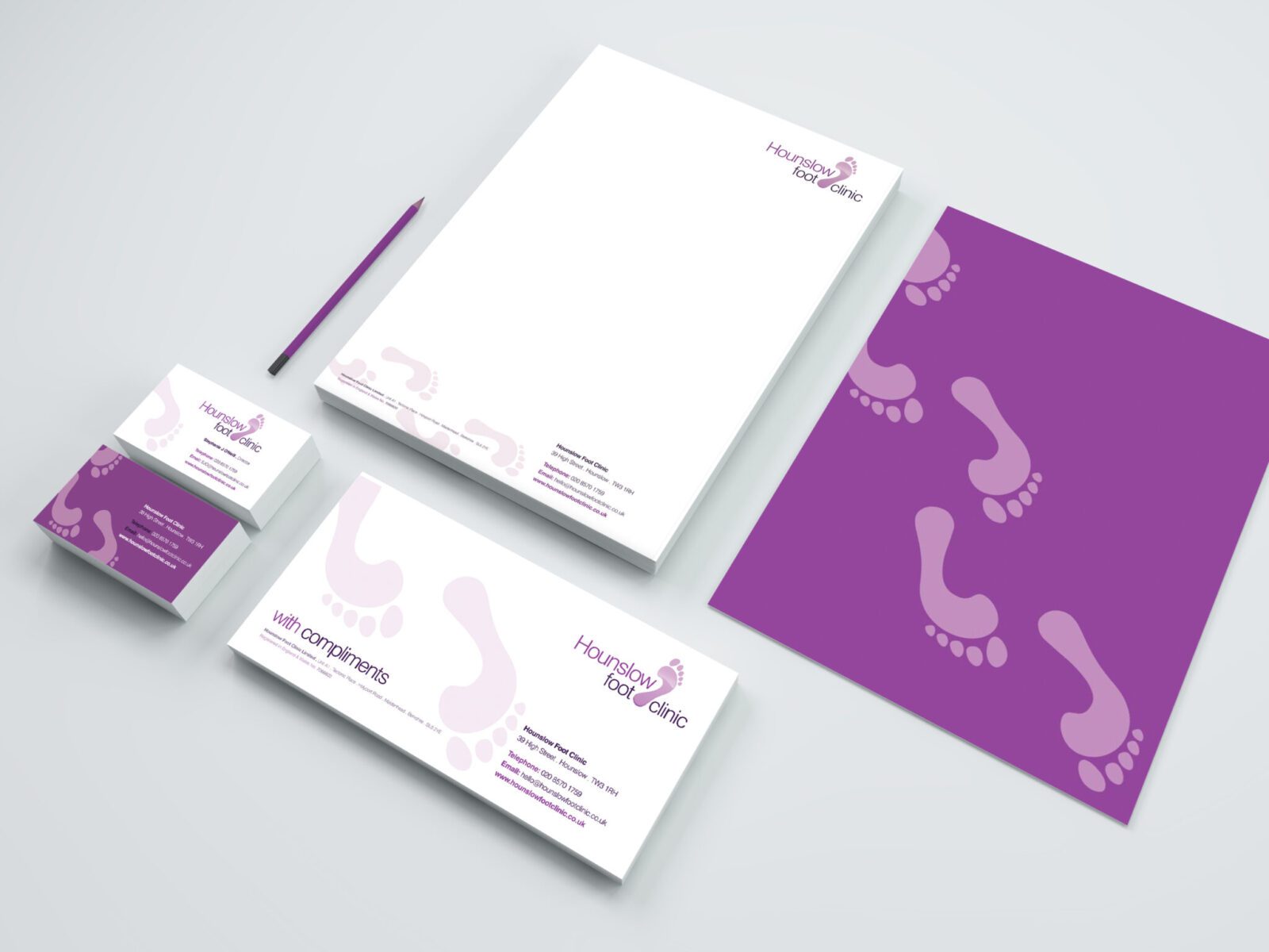 Mock-up of Hounslow Foot Clinic's brand and stationery design.