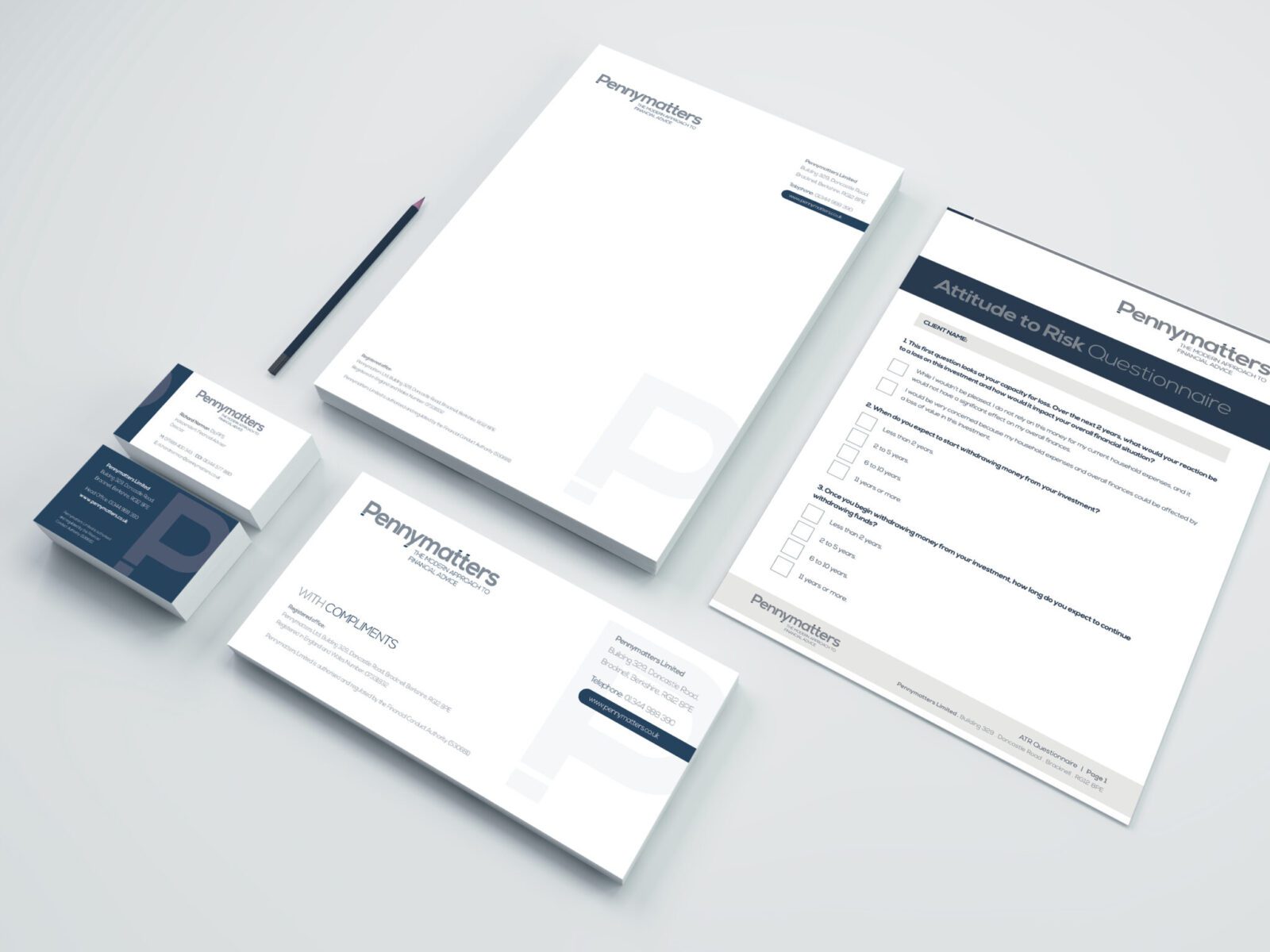 Mock-up of Pennymatters brand and stationery design.