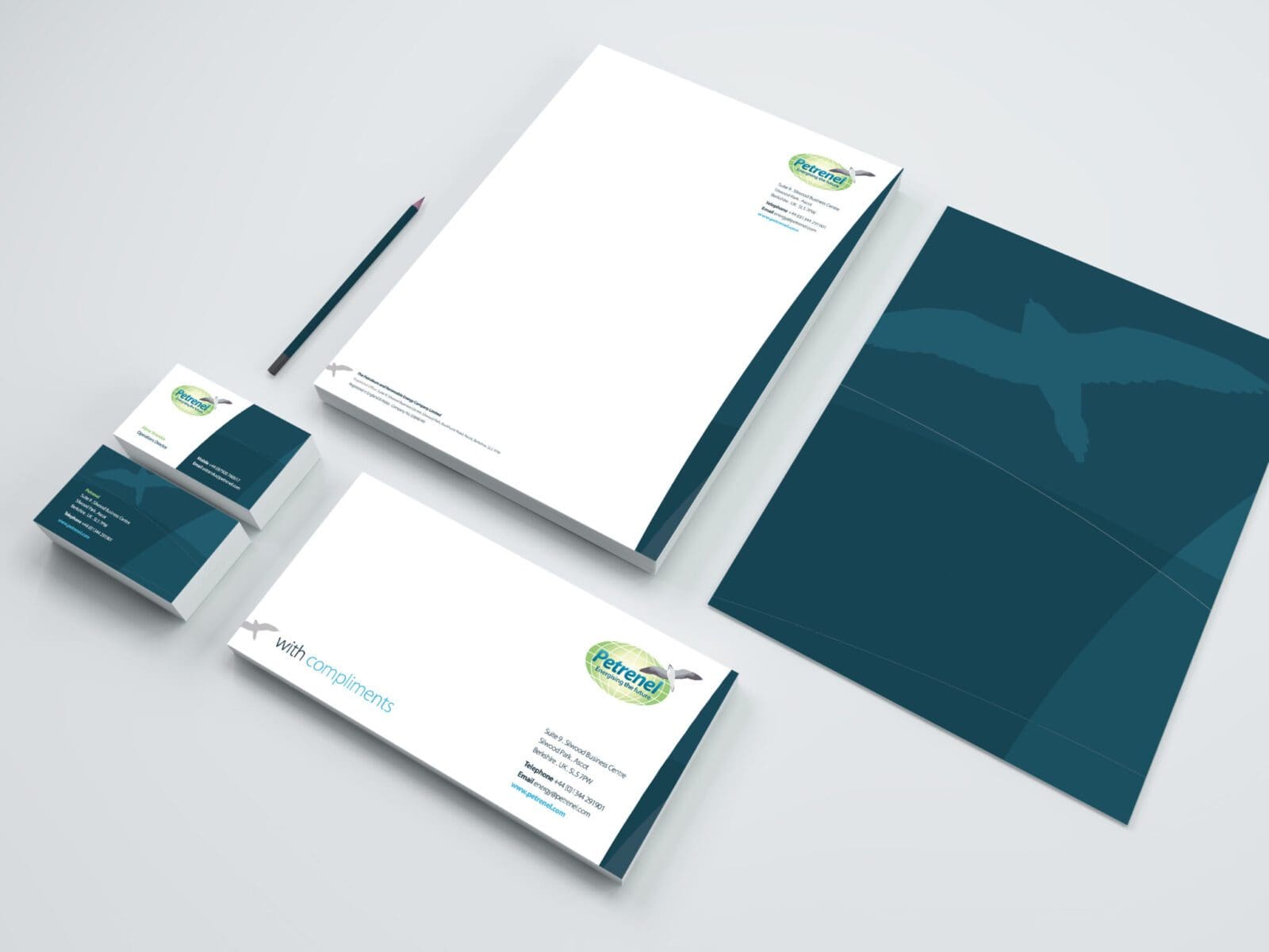 Mock-up of Petrenel's brand and stationery design.