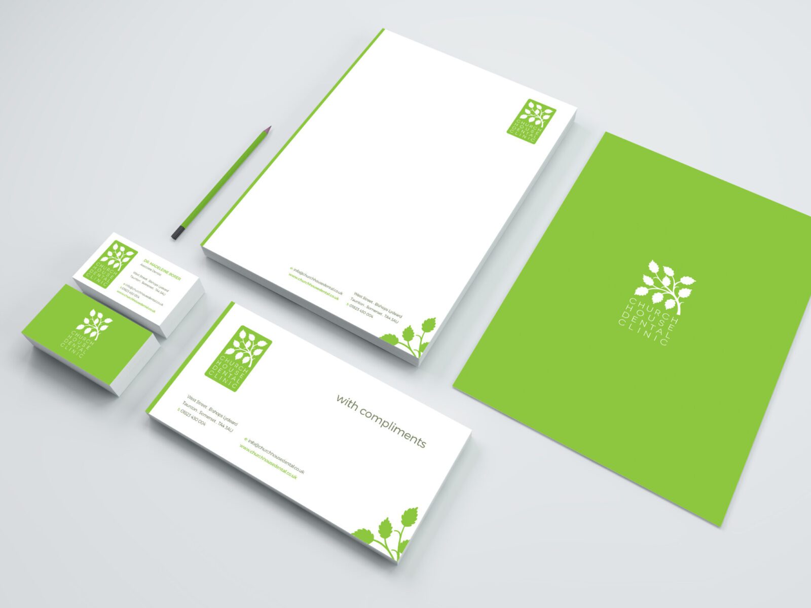 Mock-up of Church House Dental's brand and stationery design.