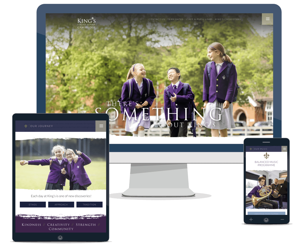 Screenshot of King’s College School Cambridge responsive website design on multiple devices