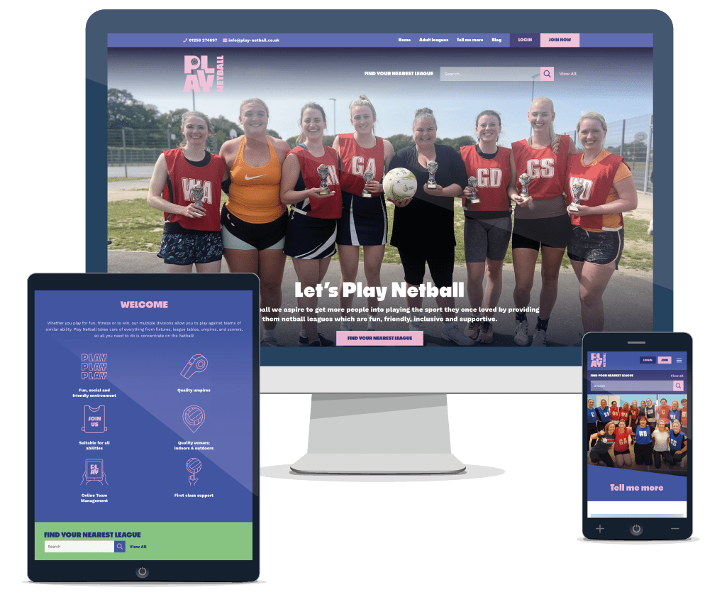 Screenshot of Play Netball responsive website design on multiple devices